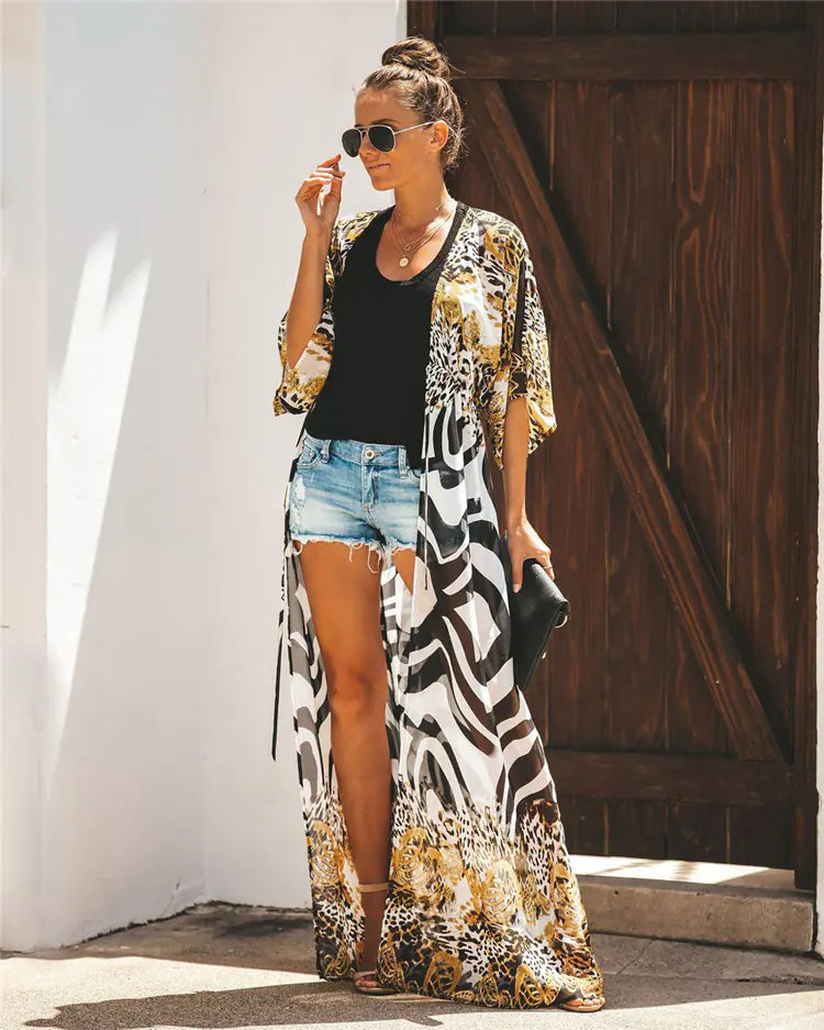 Leopard Print Chiffon Long Cardigan for Swimwear