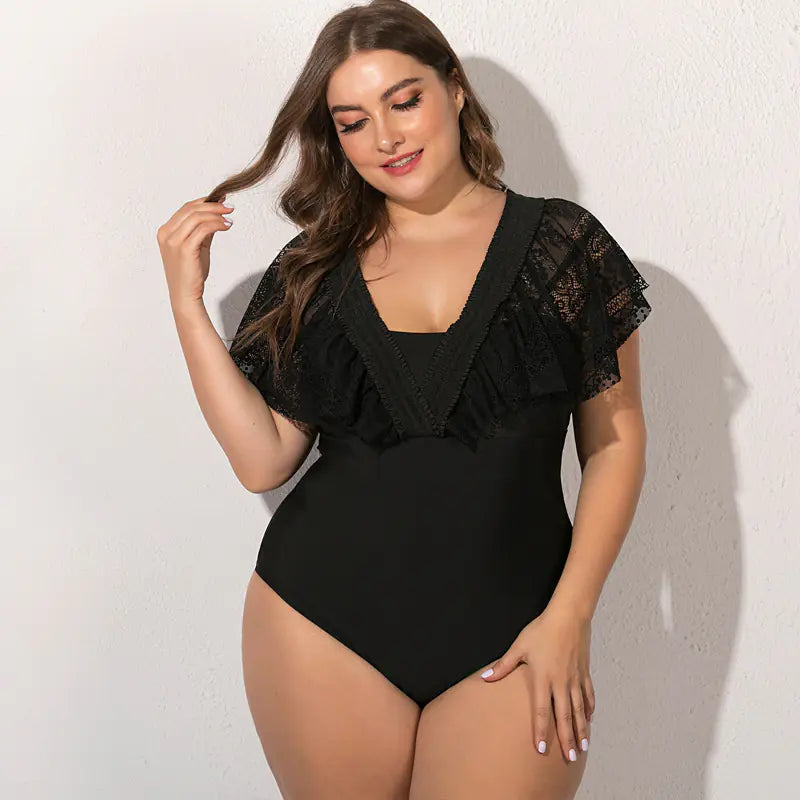 Traje de baño de una pieza negro de talla grande para mujer
