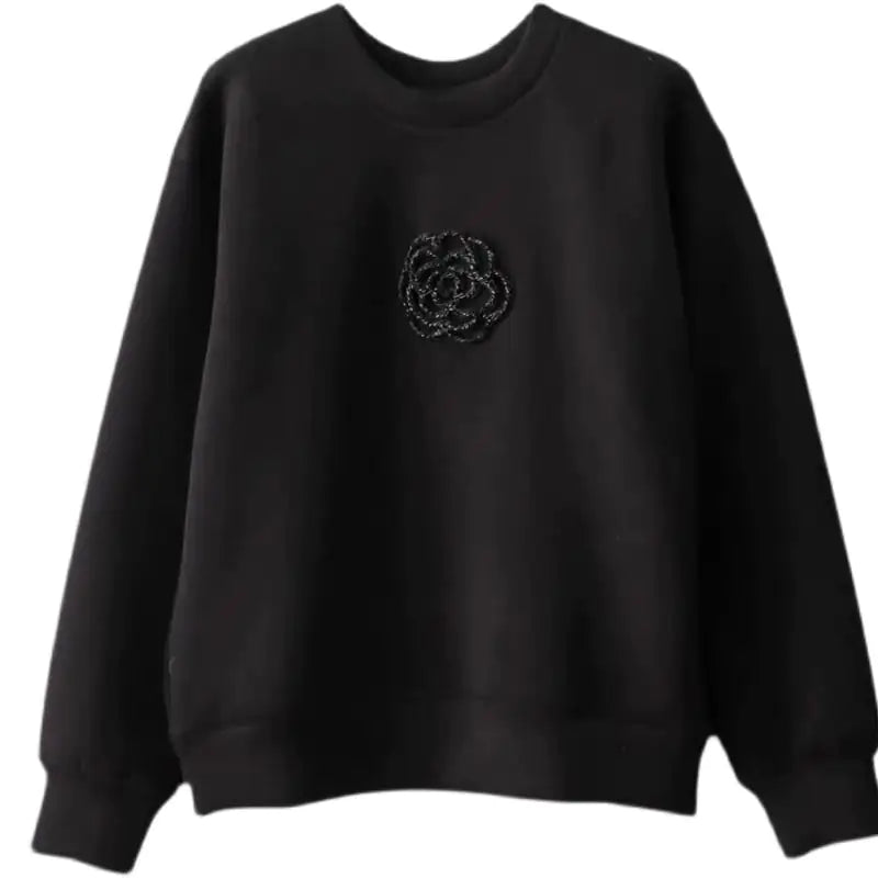 White Beaded Camellia Embroidery Round Neck Sweater